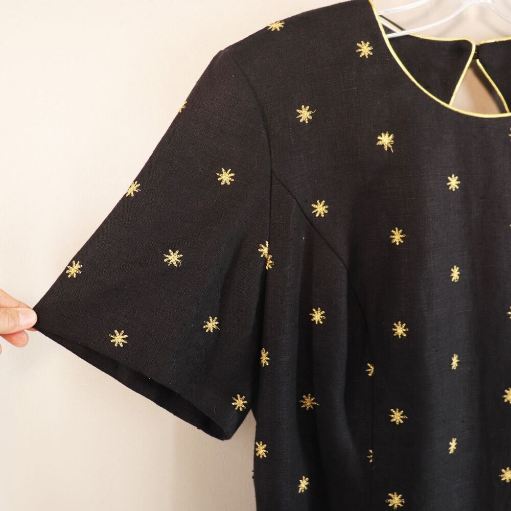 Santa Fe Dress Women Plus 18 Black Linen Gold Star Trim Short Sleeve Keyhole - Picture 5 of 12